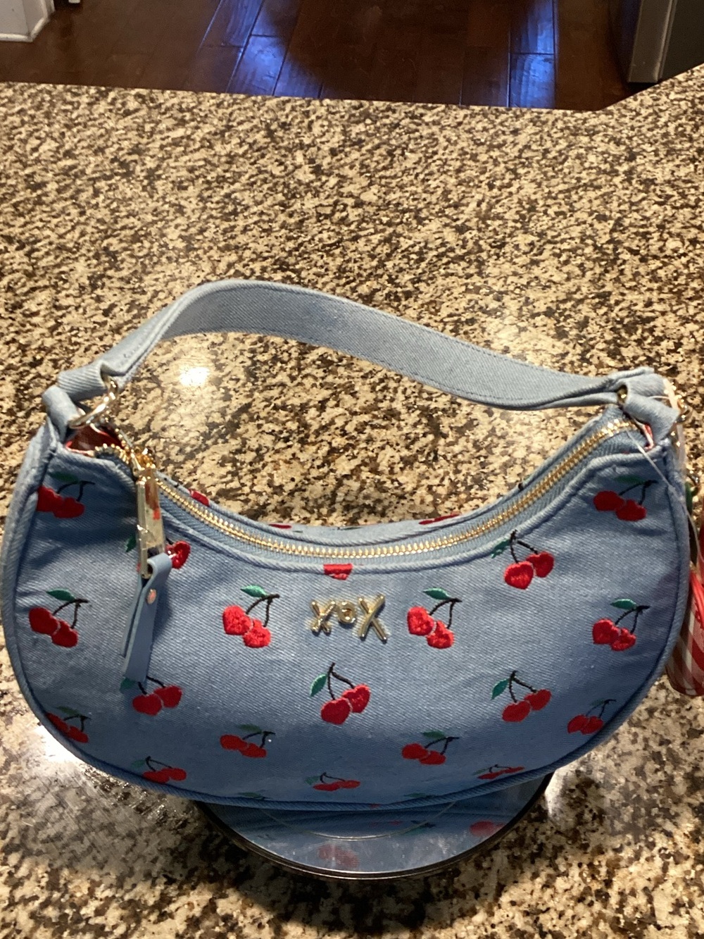 Betsey Johnson Light Blue Denim Cherry Embroidered Mini Shoulder Bag - Picture 4 of 5